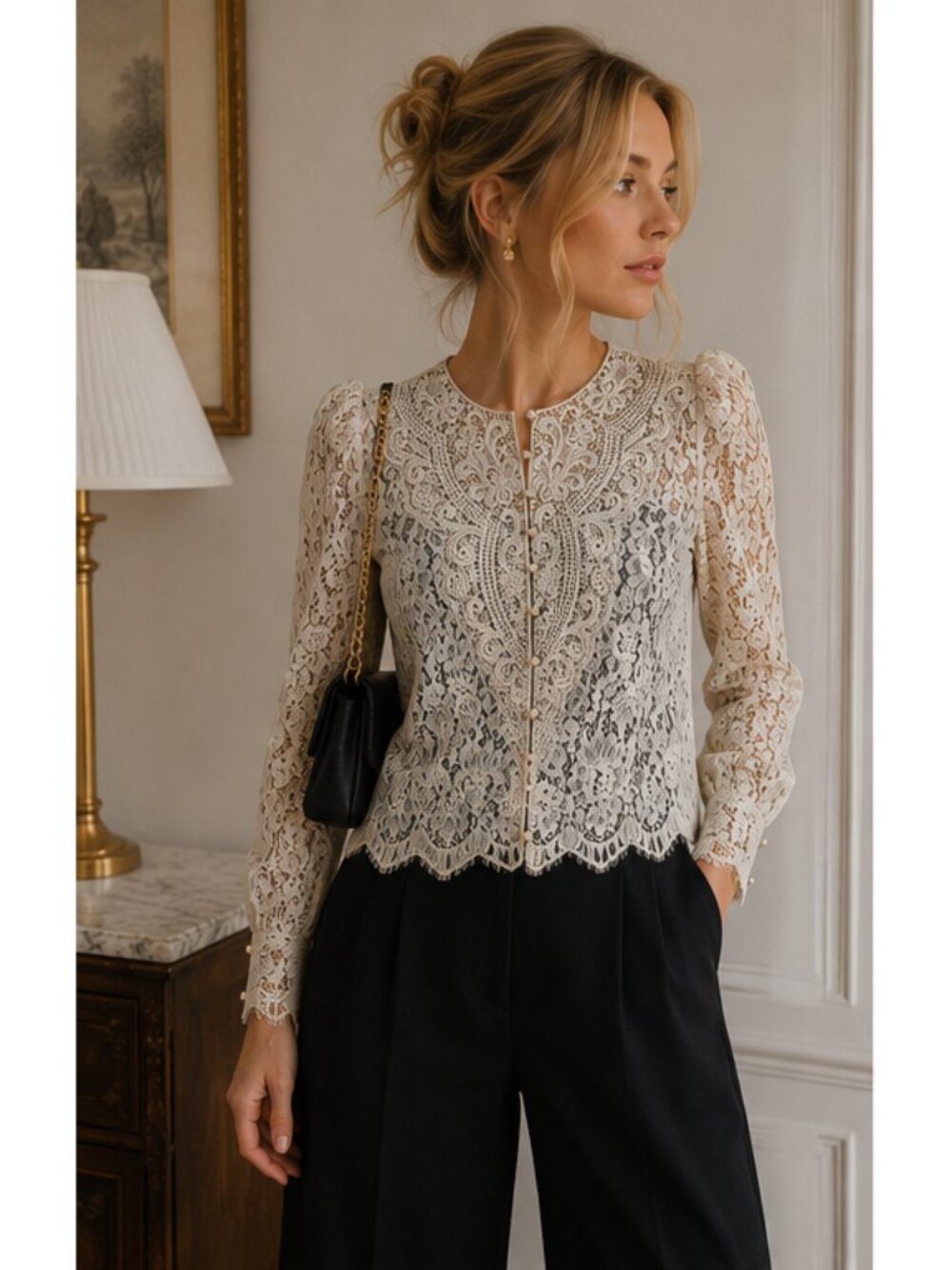 Jessica McClintock Vintage Lace Victorian Blouse Black Cream Pearl Button Top